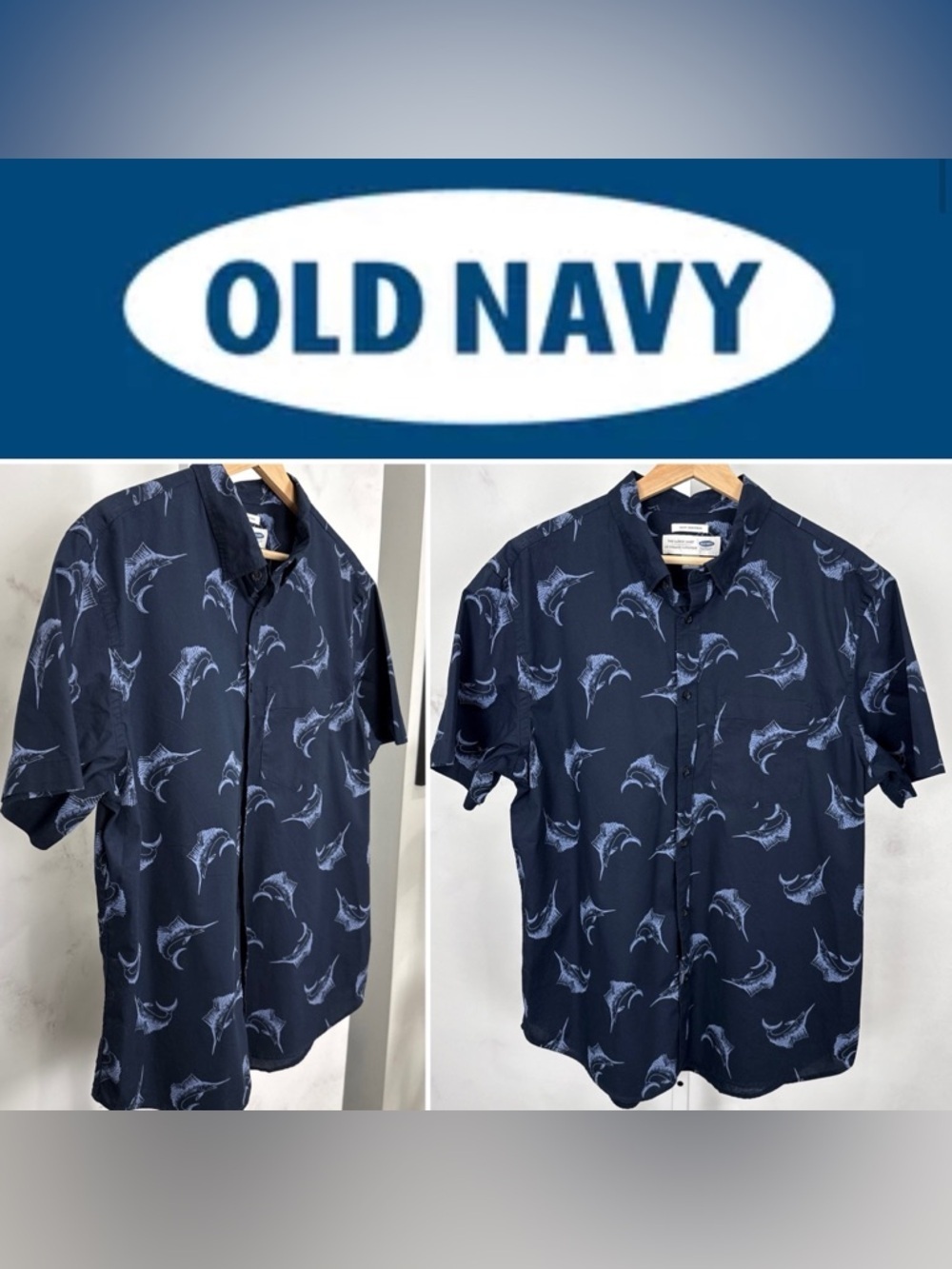 Old Navy Size Men's Marlin Design Navy Blue Slim Fit Stretch Shirt Size L